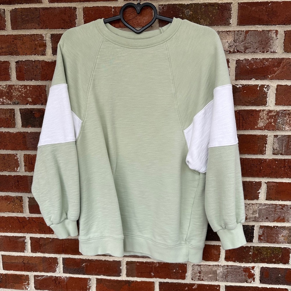 Women's Sage Green Pullover Sweatshirt with White Sleeve Panels
